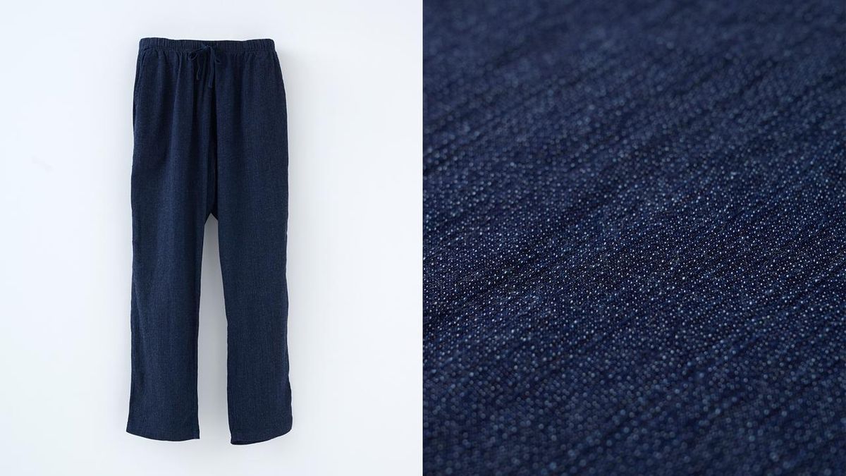 ちぢみデニム ステテコパンツ」のヨコ糸について：チーズ染色編 